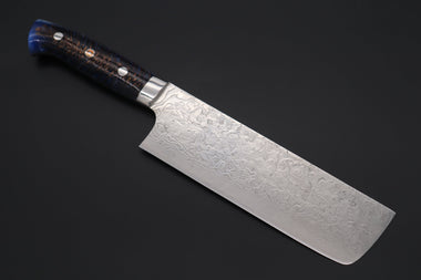 Takeshi Saji Nakiri Takeshi Saji SUMMIT ― Limited Edition Custom Series Summer Edition SMT-1018 R-2 Custom Damascus Nakiri 165mm (6.4 Inch, Ocean Blue Color Stabilized Spruce Cones Hybrid Wood Handle)