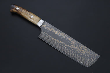 Takeshi Saji Nakiri Nakiri 165mm Takeshi Saji VG-10W Multi-Colored Golden-Rainbow Damascus Series TS-9 Nakiri 165mm (6.4 Inch, Smooth Bone Handle)