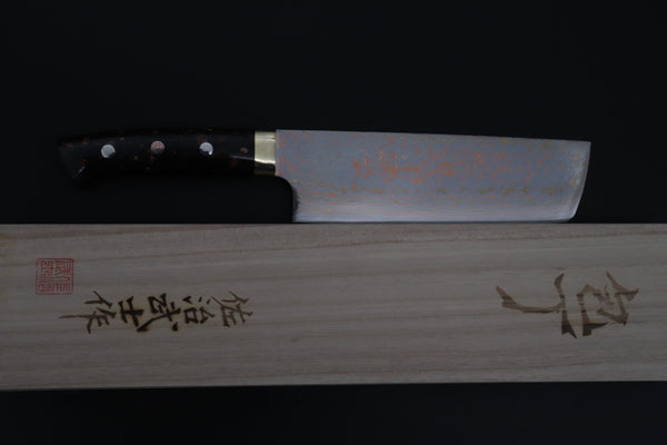 Takeshi Saji Nakiri Nakiri 165mm Takeshi Saji VG-10W Rainbow Damascus Series TS-6 Nakiri 165mm (6.4 Inch, Black and Copper Texture Dupont Corian Handle)