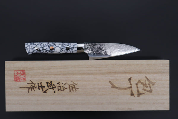 Takeshi Saji Paring Takeshi Saji SUMMIT ― Limited Edition Custom Series Summer Edition SMT-1007 R-2 Custom Damascus Paring 95mm (3.7 Inch, White Ice Turquoise Handle)