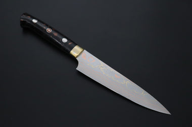 Takeshi Saji Petty Petty 135mm Takeshi Saji Blue Steel No.2 Rainbow Damascus Series TS-1 Petty 135mm (5.3 Inch, Black and Copper Texture Dupont Corian Handle)