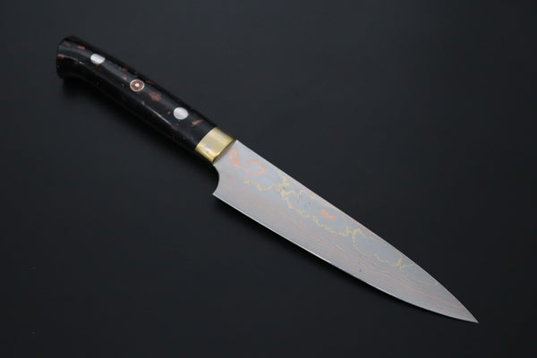 Takeshi Saji Petty Petty 135mm Takeshi Saji Blue Steel No.2 Rainbow Damascus Series TS-1 Petty 135mm (5.3 Inch, Black and Copper Texture Dupont Corian Handle)