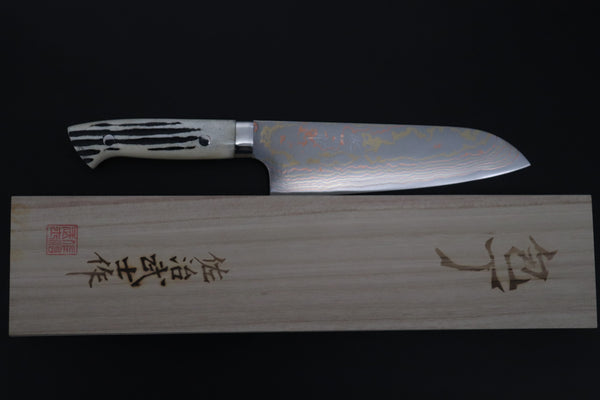 Takeshi Saji Santoku Master Saji Rainbow Damascus Series Santoku 180mm (7 inch, Stag Bone Handle)