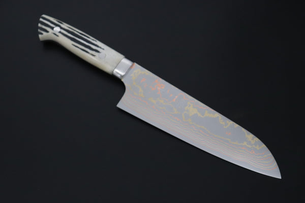 Takeshi Saji Santoku Master Saji Rainbow Damascus Series Santoku 180mm (7 inch, Stag Bone Handle)