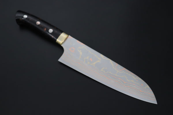 Takeshi Saji Santoku Santoku 180mm Takeshi Saji Blue Steel No.2 Rainbow Damascus Series TS-2 Santoku 180mm (7 Inch, Black and Copper Texture Dupont Corian Handle)