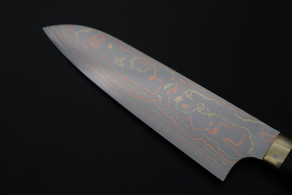 Takeshi Saji Santoku Santoku 180mm Takeshi Saji Blue Steel No.2 Rainbow Damascus Series TS-2 Santoku 180mm (7 Inch, Black and Copper Texture Dupont Corian Handle)