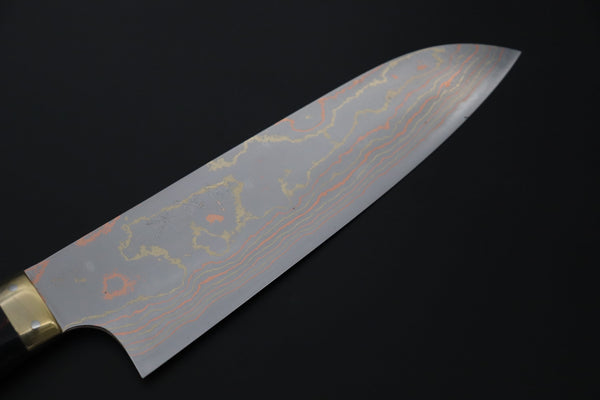 Takeshi Saji Santoku Santoku 180mm Takeshi Saji Blue Steel No.2 Rainbow Damascus Series TS-2 Santoku 180mm (7 Inch, Black and Copper Texture Dupont Corian Handle)