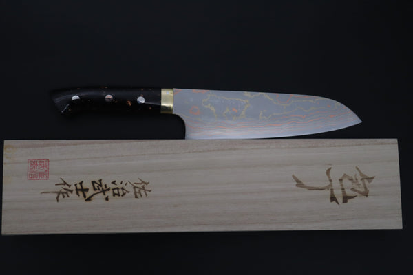 Takeshi Saji Santoku Santoku 180mm Takeshi Saji Blue Steel No.2 Rainbow Damascus Series TS-2 Santoku 180mm (7 Inch, Black and Copper Texture Dupont Corian Handle)