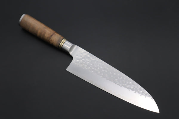 Takeshi Saji Santoku SNR-2 Santoku 180mm (7 inch) / Quince Burl Wood Handle Takeshi Saji Nature Series — Hammer Forged R-2 SNR-2 Santoku 180mm (7 inch, Quince Burl Wood Handle)