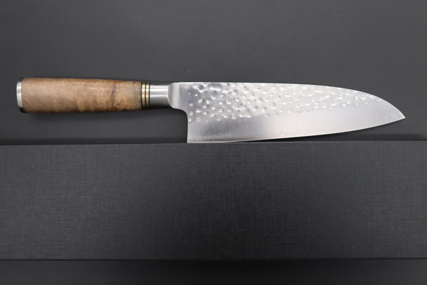 Takeshi Saji Santoku SNR-2 Santoku 180mm (7 inch) / Quince Burl Wood Handle Takeshi Saji Nature Series — Hammer Forged R-2 SNR-2 Santoku 180mm (7 inch, Quince Burl Wood Handle)