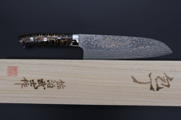 Takeshi Saji Santoku Takeshi Saji SUMMIT ― Limited Edition Custom Series SMT-1038 VG-10W Multi-Colored Golden-Rainbow Damascus Santoku 180mm (7 Inch)