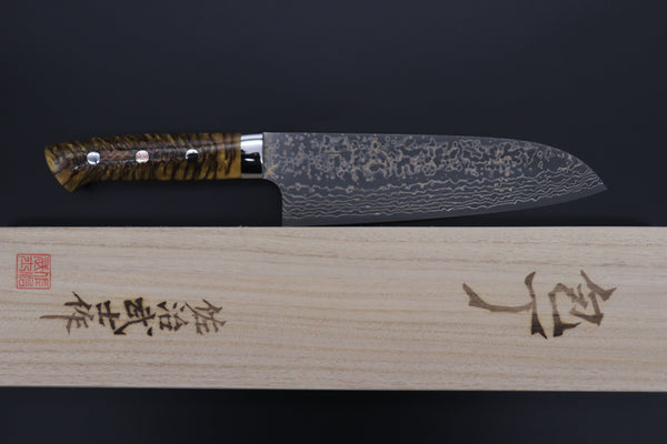 Takeshi Saji Santoku Takeshi Saji SUMMIT ― Limited Edition Custom Series SMT-1041 VG-10W Multi-Colored Golden-Rainbow Damascus Santoku 180mm (7 Inch)