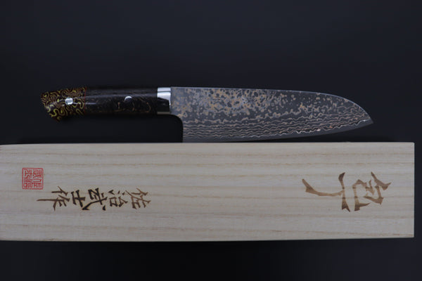 Takeshi Saji Santoku Takeshi Saji SUMMIT ― Limited Edition Custom Series SMT-1069 VG-10W Multi-Colored Golden-Rainbow Damascus Santoku 180mm (7 Inch)
