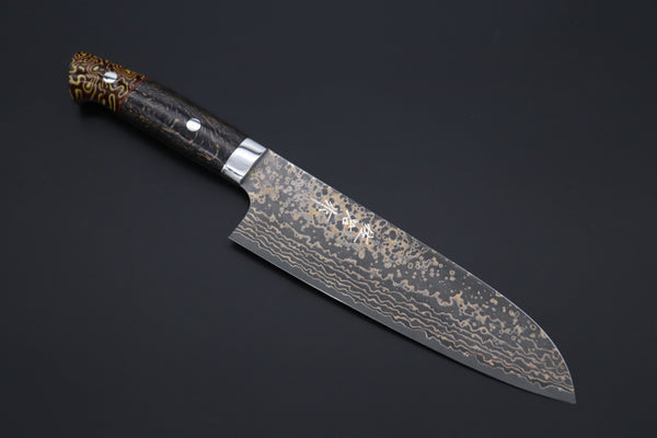 Takeshi Saji Santoku Takeshi Saji SUMMIT ― Limited Edition Custom Series SMT-1069 VG-10W Multi-Colored Golden-Rainbow Damascus Santoku 180mm (7 Inch)