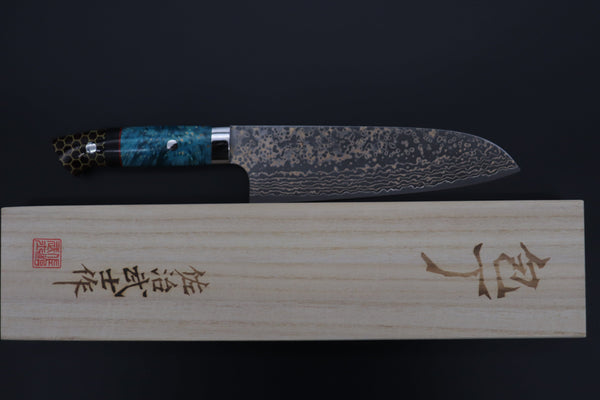 Takeshi Saji Santoku Takeshi Saji SUMMIT ― Limited Edition Custom Series SMT-1072 VG-10W Multi-Colored Golden-Rainbow Damascus Santoku 180mm (7 Inch)