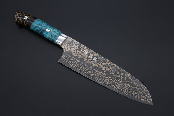 Takeshi Saji Santoku Takeshi Saji SUMMIT ― Limited Edition Custom Series SMT-1072 VG-10W Multi-Colored Golden-Rainbow Damascus Santoku 180mm (7 Inch)