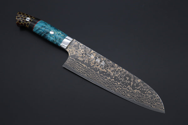 Takeshi Saji Santoku Takeshi Saji SUMMIT ― Limited Edition Custom Series SMT-1072 VG-10W Multi-Colored Golden-Rainbow Damascus Santoku 180mm (7 Inch)