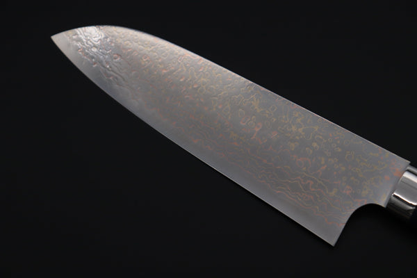 Takeshi Saji Santoku Takeshi Saji SUMMIT ― Limited Edition Custom Series SMT-1113 VG-10W磨 Multi-Colored Golden-Rainbow Damascus Santoku 180mm (7 Inch)