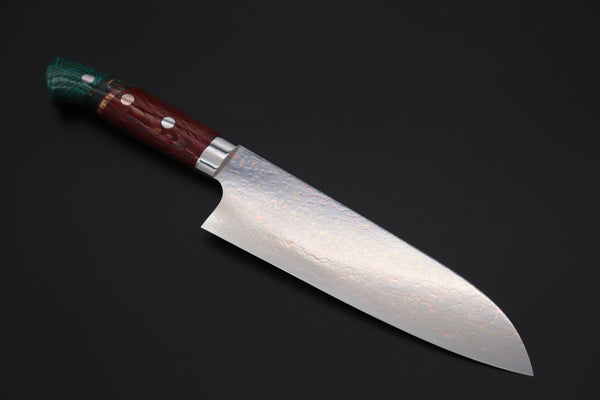 Takeshi Saji Santoku Takeshi Saji SUMMIT ― Limited Edition Custom Series SMT-1116 VG-10W磨 Multi-Colored Golden-Rainbow Damascus Santoku 180mm (7 Inch)