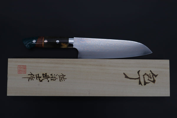 Takeshi Saji Santoku Takeshi Saji SUMMIT ― Limited Edition Custom Series SMT-1117 VG-10W磨 Multi-Colored Golden-Rainbow Damascus Santoku 180mm (7 Inch)