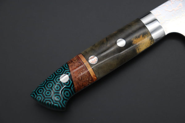 Takeshi Saji Santoku Takeshi Saji SUMMIT ― Limited Edition Custom Series SMT-1117 VG-10W磨 Multi-Colored Golden-Rainbow Damascus Santoku 180mm (7 Inch)