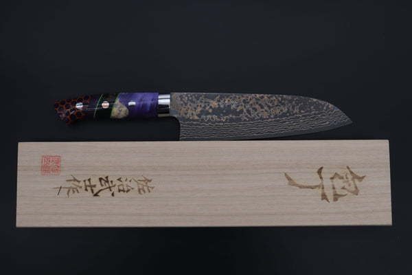 Takeshi Saji Santoku Takeshi Saji SUMMIT ― Limited Edition Custom Series SMT-1146 VG-10W Multi-Colored Golden-Rainbow Damascus Santoku 180mm (7 Inch)