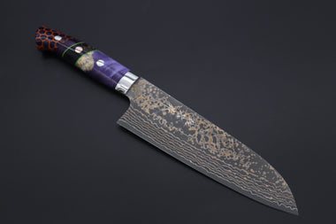 Takeshi Saji Santoku Takeshi Saji SUMMIT ― Limited Edition Custom Series SMT-1146 VG-10W Multi-Colored Golden-Rainbow Damascus Santoku 180mm (7 Inch)