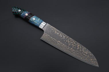 Takeshi Saji Santoku Takeshi Saji SUMMIT ― Limited Edition Custom Series SMT-1147 VG-10W Multi-Colored Golden-Rainbow Damascus Santoku 180mm (7 Inch)