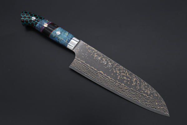 Takeshi Saji Santoku Takeshi Saji SUMMIT ― Limited Edition Custom Series SMT-1147 VG-10W Multi-Colored Golden-Rainbow Damascus Santoku 180mm (7 Inch)