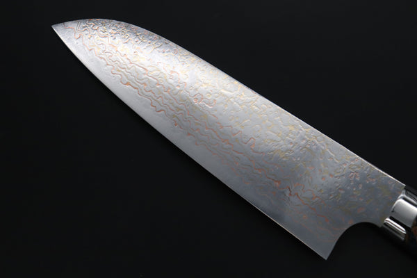 Takeshi Saji Santoku Takeshi Saji SUMMIT ― Limited Edition Custom Series SMT-1174 VG-10W磨 Multi-Colored Golden-Rainbow Damascus Santoku 180mm (7 Inch)