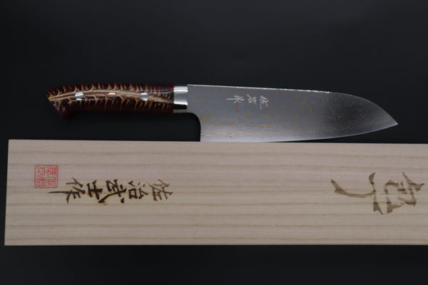 Takeshi Saji Santoku Takeshi Saji SUMMIT ― Limited Edition Custom Series SMT-1175 VG-10W磨 Multi-Colored Golden-Rainbow Damascus Santoku 180mm (7 Inch)