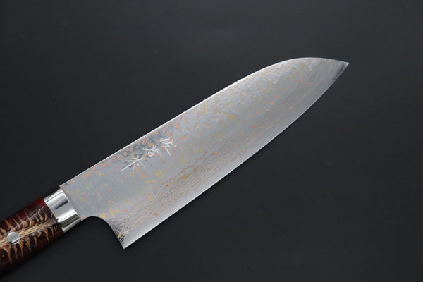 Takeshi Saji Santoku Takeshi Saji SUMMIT ― Limited Edition Custom Series SMT-1175 VG-10W磨 Multi-Colored Golden-Rainbow Damascus Santoku 180mm (7 Inch)