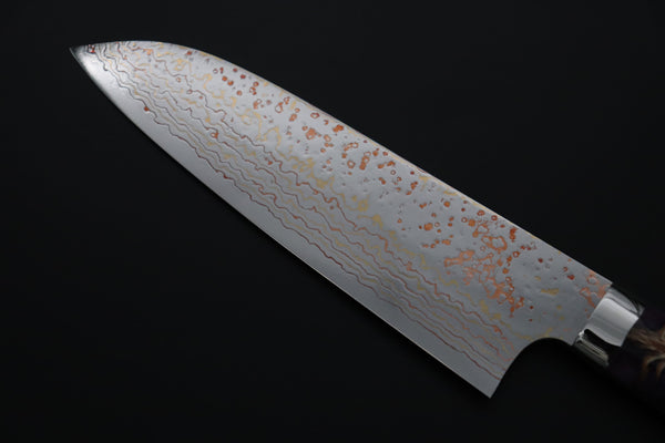 Takeshi Saji Santoku Takeshi Saji SUMMIT ― Limited Edition Custom Series SMT-1178 VG-10W磨 Multi-Colored Golden-Rainbow Damascus Santoku 180mm (7 Inch)