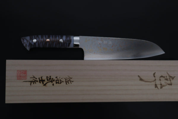Takeshi Saji Santoku Takeshi Saji SUMMIT ― Limited Edition Custom Series SMT-1179 VG-10W磨 Multi-Colored Golden-Rainbow Damascus Santoku 180mm (7 Inch)
