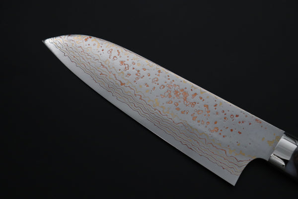 Takeshi Saji Santoku Takeshi Saji SUMMIT ― Limited Edition Custom Series SMT-1179 VG-10W磨 Multi-Colored Golden-Rainbow Damascus Santoku 180mm (7 Inch)