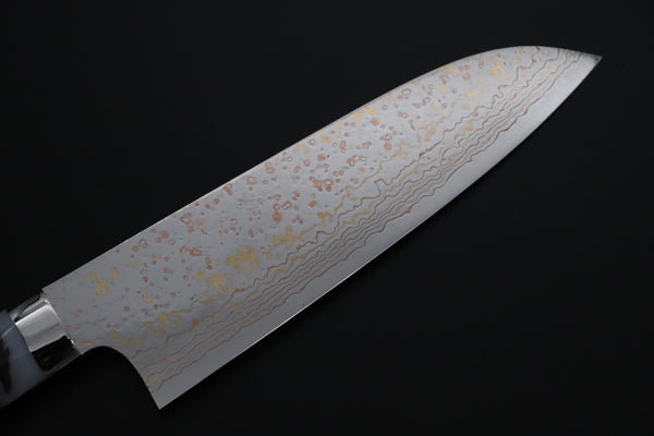 Takeshi Saji Santoku Takeshi Saji SUMMIT ― Limited Edition Custom Series SMT-1179 VG-10W磨 Multi-Colored Golden-Rainbow Damascus Santoku 180mm (7 Inch)
