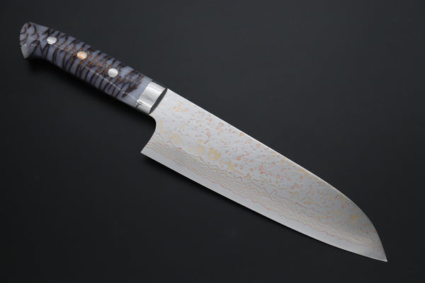 Takeshi Saji Santoku Takeshi Saji SUMMIT ― Limited Edition Custom Series SMT-1179 VG-10W磨 Multi-Colored Golden-Rainbow Damascus Santoku 180mm (7 Inch)