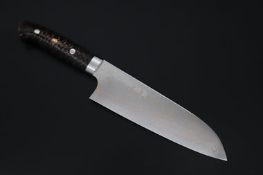 Takeshi Saji Santoku Takeshi Saji SUMMIT ― Limited Edition Custom Series SMT-1180 VG-10W磨 Multi-Colored Golden-Rainbow Damascus Santoku 180mm (7 Inch)