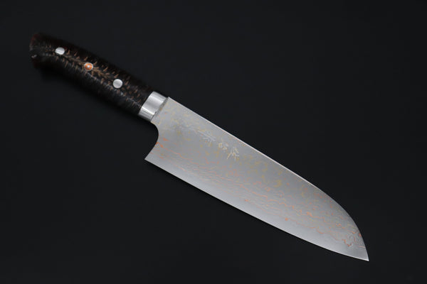 Takeshi Saji Santoku Takeshi Saji SUMMIT ― Limited Edition Custom Series SMT-1180 VG-10W磨 Multi-Colored Golden-Rainbow Damascus Santoku 180mm (7 Inch)