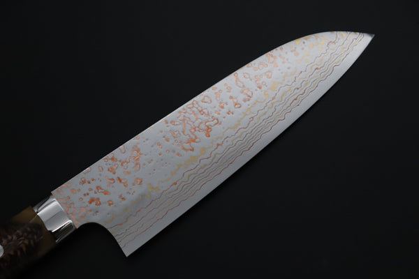 Takeshi Saji Santoku Takeshi Saji SUMMIT ― Limited Edition Custom Series SMT-1183 VG-10W磨 Multi-Colored Golden-Rainbow Damascus Santoku 180mm (7 Inch)