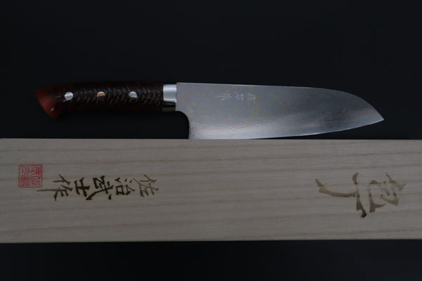 Takeshi Saji Santoku Takeshi Saji SUMMIT ― Limited Edition Custom Series SMT-1185 VG-10W磨 Multi-Colored Golden-Rainbow Damascus Santoku 180mm (7 Inch)