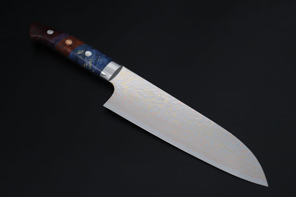 Takeshi Saji Santoku Takeshi Saji SUMMIT ― Limited Edition Custom Series SMT-1199 VG-10W磨 Multi-Colored Golden-Rainbow Damascus Santoku 180mm (7 Inch)