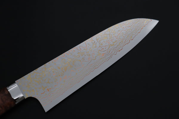 Takeshi Saji Santoku Takeshi Saji SUMMIT ― Limited Edition Custom Series SMT-1200 VG-10W磨 Multi-Colored Golden-Rainbow Damascus Santoku 180mm (7 Inch)