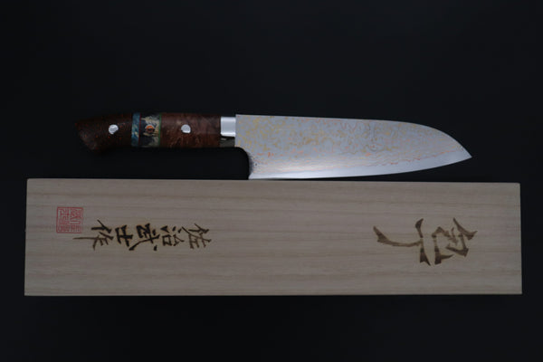 Takeshi Saji Santoku Takeshi Saji SUMMIT ― Limited Edition Custom Series SMT-1200 VG-10W磨 Multi-Colored Golden-Rainbow Damascus Santoku 180mm (7 Inch)