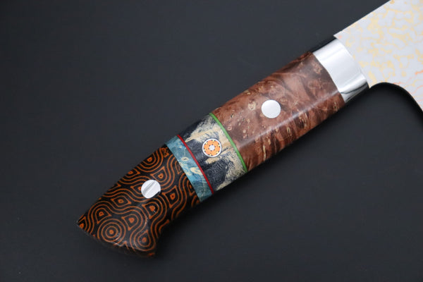 Takeshi Saji Santoku Takeshi Saji SUMMIT ― Limited Edition Custom Series SMT-1200 VG-10W磨 Multi-Colored Golden-Rainbow Damascus Santoku 180mm (7 Inch)
