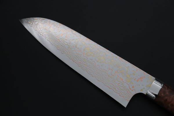 Takeshi Saji Santoku Takeshi Saji SUMMIT ― Limited Edition Custom Series SMT-1200 VG-10W磨 Multi-Colored Golden-Rainbow Damascus Santoku 180mm (7 Inch)