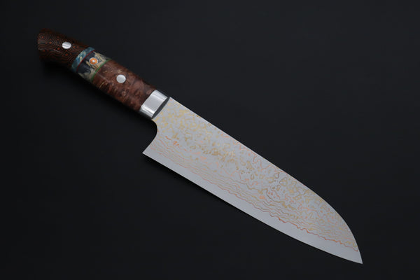 Takeshi Saji Santoku Takeshi Saji SUMMIT ― Limited Edition Custom Series SMT-1200 VG-10W磨 Multi-Colored Golden-Rainbow Damascus Santoku 180mm (7 Inch)
