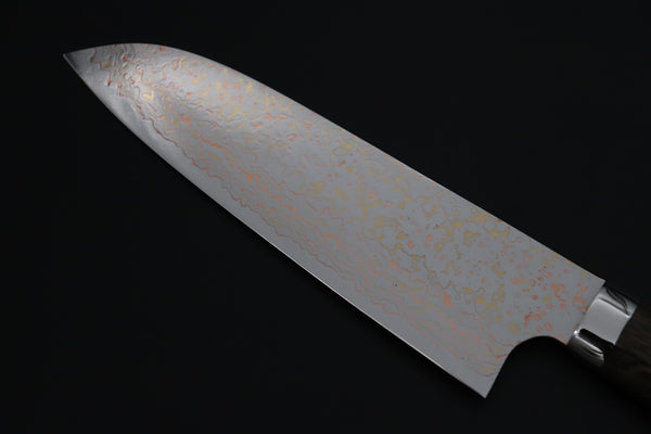 Takeshi Saji Santoku Takeshi Saji SUMMIT ― Limited Edition Custom Series SMT-1201 VG-10W磨 Multi-Colored Golden-Rainbow Damascus Santoku 180mm (7 Inch)