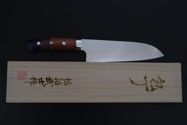 Takeshi Saji Santoku Takeshi Saji SUMMIT ― Limited Edition Custom Series SMT-1202 VG-10W磨 Multi-Colored Golden-Rainbow Damascus Santoku 180mm (7 Inch)