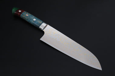 Takeshi Saji Santoku Takeshi Saji SUMMIT ― Limited Edition Custom Series SMT-1203 VG-10W磨 Multi-Colored Golden-Rainbow Damascus Santoku 180mm (7 Inch)
